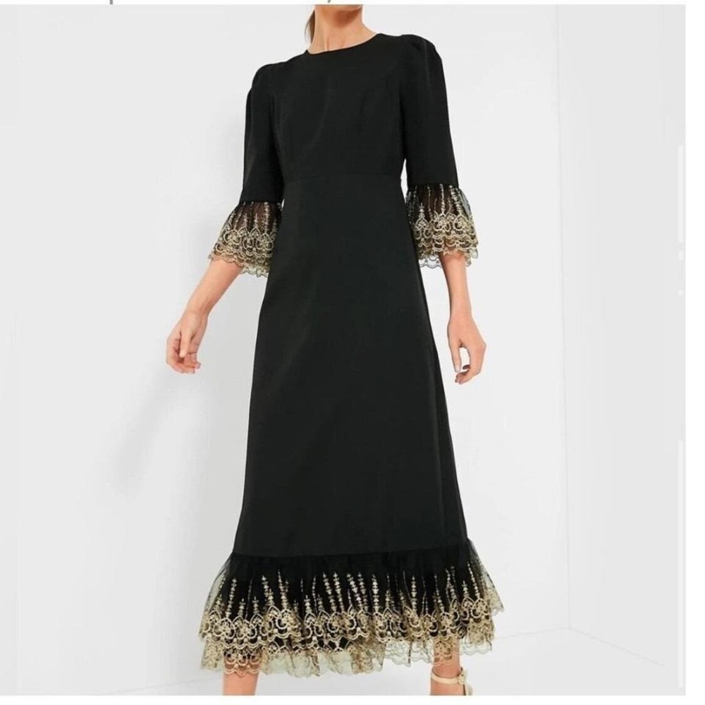 POMANDER PLACE Black Lillith‎ Maxi Cocktail Dress w/ Gold Lace Size Small New